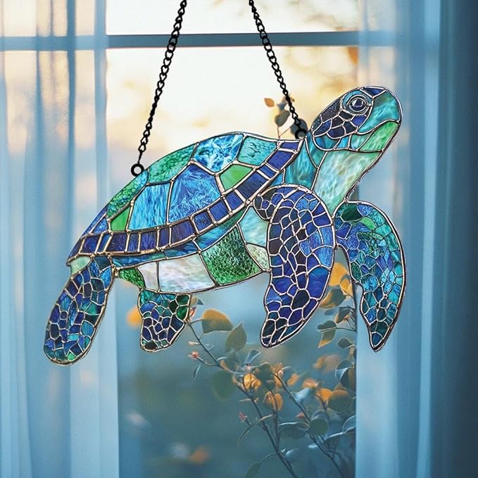 Sea Turtle Acrylic Suncatcher Hanging Christmas Ornament Stained Glass Effect Window Car Indoor Outdoor Decor Garden Sun Catcher Gifts Ocean Lover Decorations for Women Mom Grandma