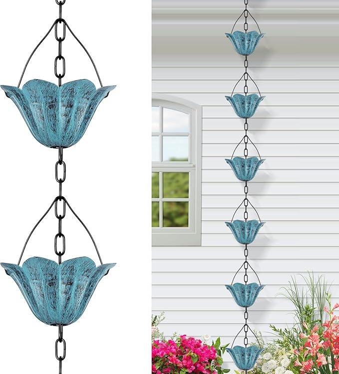 Tfro & Cile Gutter Rain Chain Blue Downspout Substitution Decorative Garden Rainwater Catcher Tulip Backyard Decor for Patio - 8 1/2 Feet Long