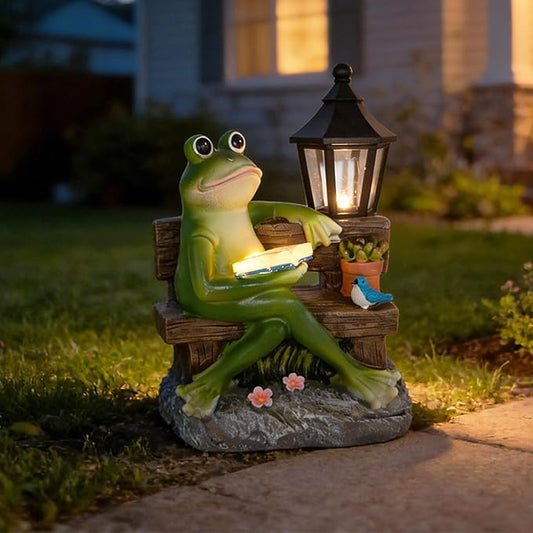 Reading Frog Solar Garden Statue with Lantern Light - Outdoor Decorative Resin Sculpture, Weather-Resistant LED Solar Figurine, for Yard, Patio, Garden Path, Porch Ambience Lighting Decor