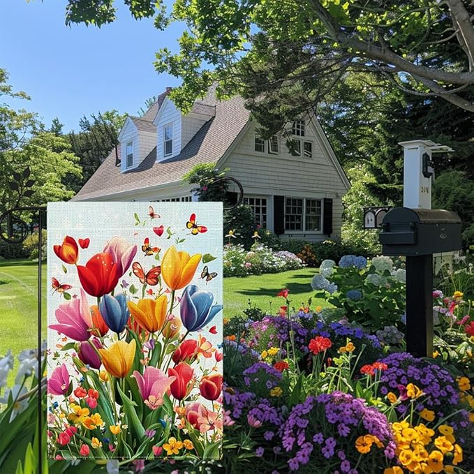 Spring Summer Tulip Garden Flag 12x18 Inch Double Sided, Colorful Welcome Yard Decor, Farmhouse Outdoor Flag for Lawn Patio Porch