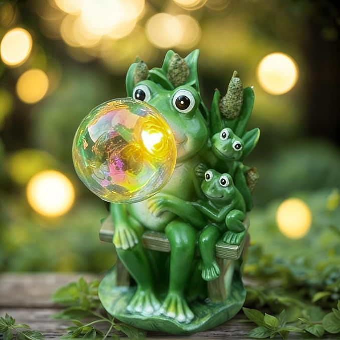 Solar Frog Blowing Bubble Garden Statue Light - Outdoor Waterproof Resin Figurine with Auto LED Glow for Patio & Yard Decor