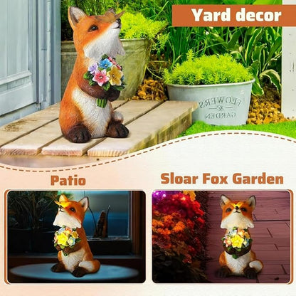 Threehoney Solar Fox Decor for Garden Outdoor Lighted Resin Fox Statue Figurine with LED Light Butterfly Flower Garden Statue for Yard Patio Balcony Women Mom Grandma Mother's Housewarming Gift