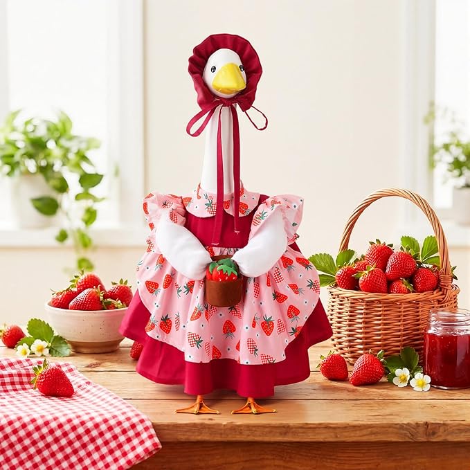 Abbylike Spring Porch Goose Outfit Strawberry Porch Goose Skirt Costume Clothes Fits Large 23'' Cement Statue for Summer Garden Outdoor Yard Lawn Patio Decorations
