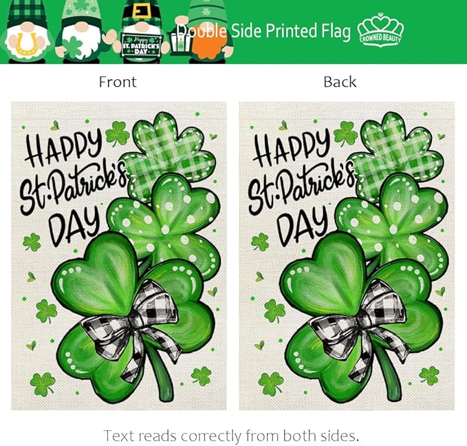 CROWNED BEAUTY St Patricks Day Shamrocks House Flag 28x40 Inch Double Sided Green Decoration for Outside Yard CF1928-40