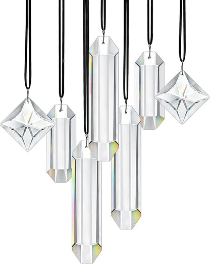 HDCRYSTALGIFTS Set 7 Clear Crystal Prisms Suncatchers Hanging Glass Ornament for Christmas Tree,Rainbow Maker Sun Catchers for Windows Home Garden Decoration,Modern Grief Gift