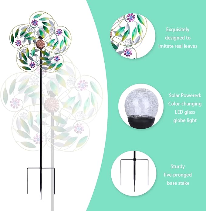Solar Wind Spinner Metal Garden Decor, Wind Spinners Outdoor Clearance, Multi Color Changing LED Solar Powered Glass Ball Kinetic Wind Sculptures Windmills for Yard Patio Outdoor Decoration