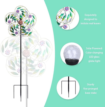 Solar Wind Spinner Metal Garden Decor, Wind Spinners Outdoor Clearance, Multi Color Changing LED Solar Powered Glass Ball Kinetic Wind Sculptures Windmills for Yard Patio Outdoor Decoration