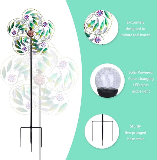 Solar Wind Spinner Metal Garden Decor, Wind Spinners Outdoor Clearance, Multi Color Changing LED Solar Powered Glass Ball Kinetic Wind Sculptures Windmills for Yard Patio Outdoor Decoration