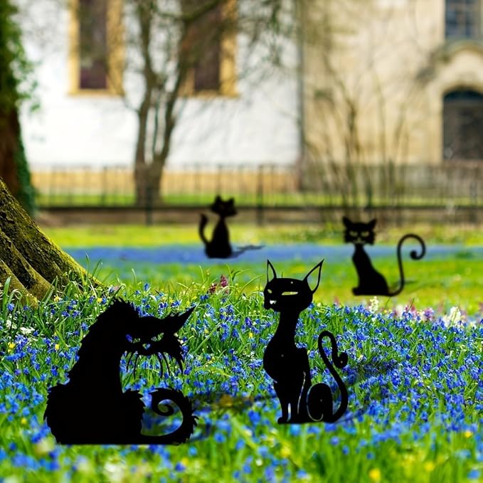 Metal Cat Garden Decor,Black Cat Silhouette Yard Lawn Outdoor Decorations,Weather Resistance Steel Cat Decor for Cat Lovers (D)