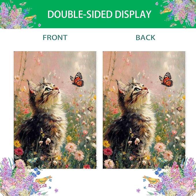 Spring House Flag 28x40 Inch Double Sided, Cat and Butterfly Floral Garden Flags Large Burlap Outdoor Yard Flag for Farmhouse Holiday Outside Decorations