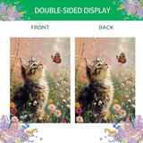 Spring House Flag 28x40 Inch Double Sided, Cat and Butterfly Floral Garden Flags Large Burlap Outdoor Yard Flag for Farmhouse Holiday Outside Decorations
