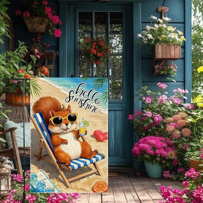 Little Squirrel Garden Flag Summer Garden Flags Beach Wooden Chair Sun Umbrella Enjoy A Holiday Garden Flags 12x18 Inch Double Sided Small Burlap Outside Decorations