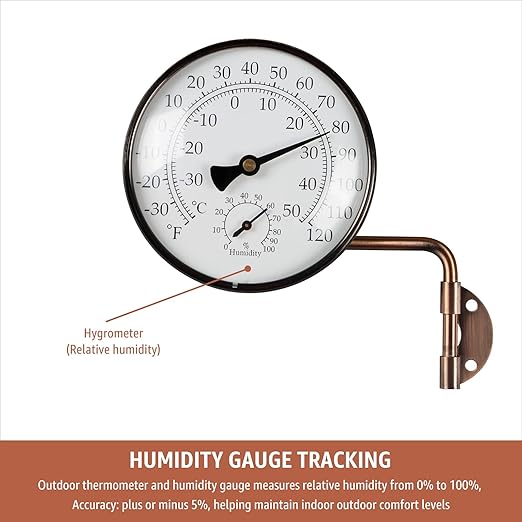 4-Inch Brass Analog Outdoor Thermometer & Humidity Gauge - Easy Install Battery-Free Wall Mount, Window Readable for Patio Garden Garage