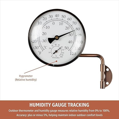 4-Inch Brass Analog Outdoor Thermometer & Humidity Gauge - Easy Install Battery-Free Wall Mount, Window Readable for Patio Garden Garage