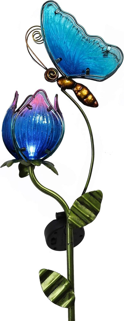 TERESA'S COLLECTIONS Flower and Heron Garden Decor with Solar Lights, Solar Powered Metal Stakes for Outdoor Patio Yard Lawn Decorations