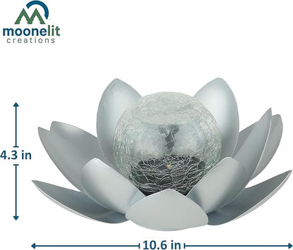 MCSLOTUS-S Silver Lotus Flower Solar LED Garden Light with Crackled Glass Globe – Waterproof Metal Outdoor Décor