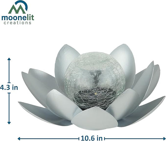 MCSLOTUS-S Silver Lotus Flower Solar LED Garden Light with Crackled Glass Globe – Waterproof Metal Outdoor Décor