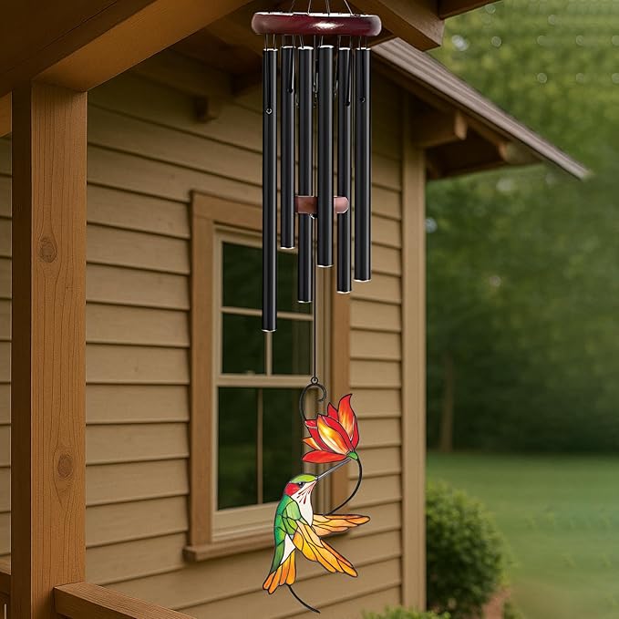 Personalized Metal Wind Chime Garden Sign, 40 Inch Outdoor Colorful Bird & Flower Memorial Decor, Yard Hanging Plaque for Patio Porch Lawn (JSTY382)