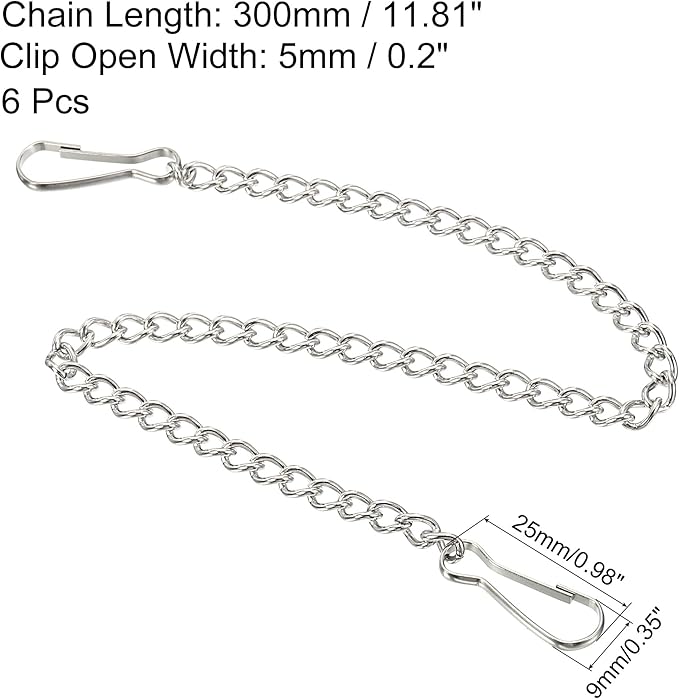 MECCANIXITY Hanging Chain with Snap Clips 11.81 Inch Garden Plant Hangers for Signboard Chalkboard Basket Lantern Wind Chime, Stainless Steel Pack of 6