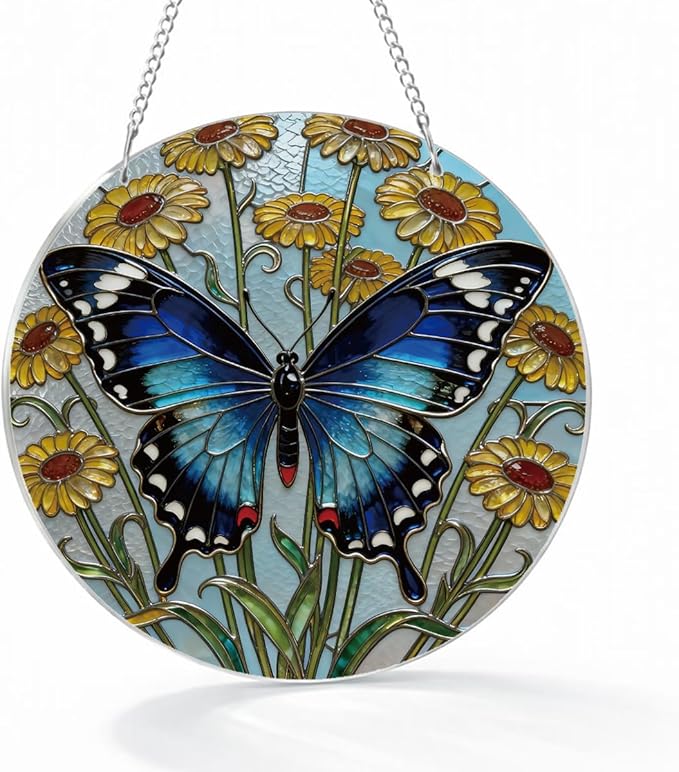 Butterfly Window Hanging Suncatcher, Yellow Flower Window Wall Art, Hand-Painted Sun Catcher Garden Hangings, Home Decor Gift for Butterfly Lovers Women Mother's Day Christmas