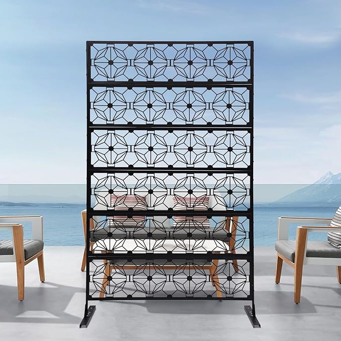 Metal Privacy Screen, 72" H x 44" W Freestanding Privacy Screens, Patio Decorative Metal Fence Panels with Stand, Portable Divider Screens, for Backyard/Patio/Deck (Black-Print, 72''H×44''W)