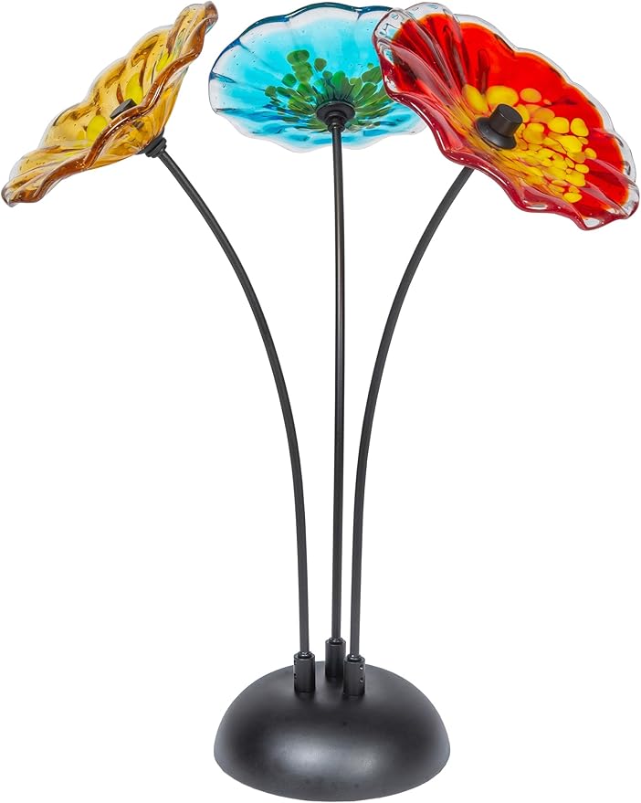Dale Tiffany AS23098 Fiore Bloom Hand Blown Glass Flower Art Glass Sculpture with Metal Stand for Indoor Garden Patio Decoration, Multi Color, 3-Plate 22" Tall