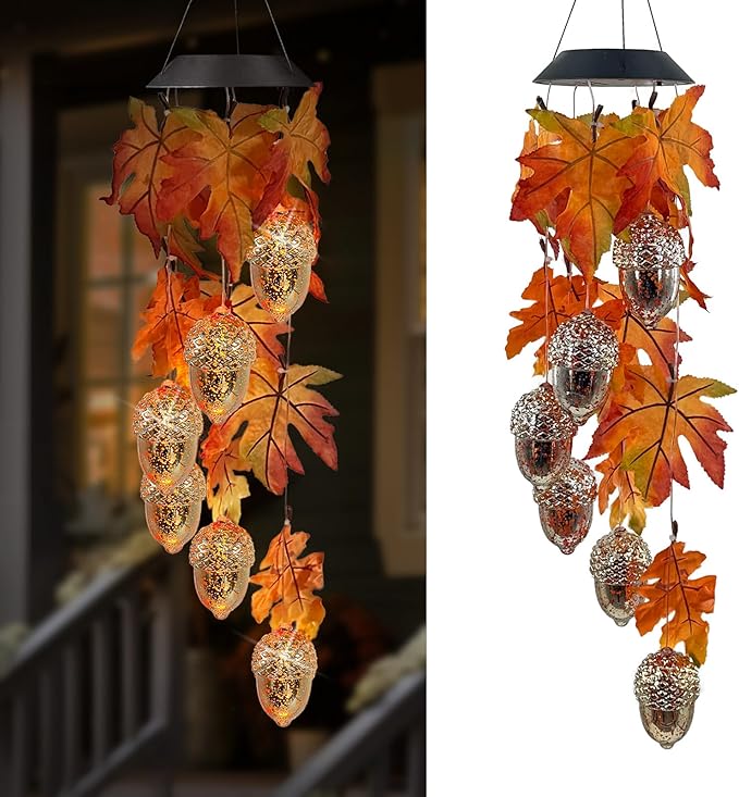 Solar Acorns Wind Chimes for Outside,Osk Leaves Danglers Mobile Lights,Outdoor Hanging Fall Decor for Garden Patio Yard,Thanksgiving Birthday Gifts for Women