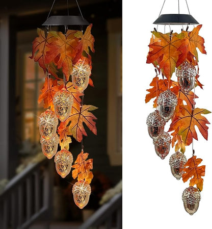 Solar Acorns Wind Chimes for Outside,Osk Leaves Danglers Mobile Lights,Outdoor Hanging Fall Decor for Garden Patio Yard,Thanksgiving Birthday Gifts for Women
