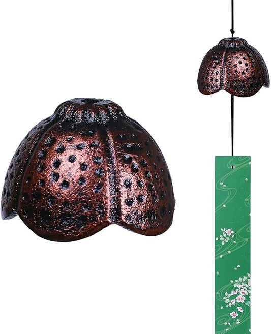 Japanese Wind Chime Cast-Iron Outdoor Ornament for Garden, Patio & Balcony, Hanging Metal Wind-Bell Decoration Gift, Blessing Pendant Windchimes & PVC Wind-Catcher, Red Petal