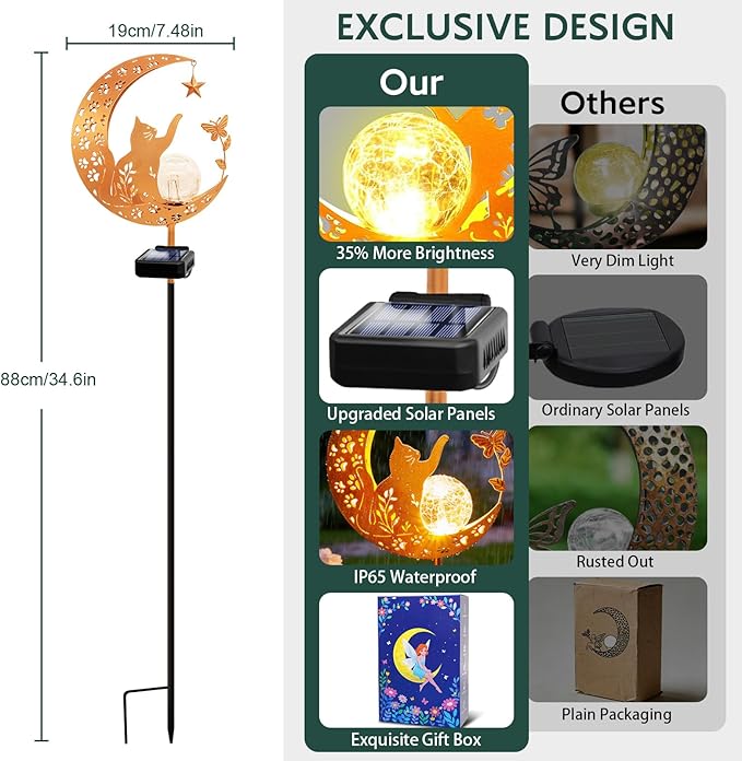 ZNYCYE Solar Lights Outdoor Decorative Moon Cat Butterfly Solar Stake Lights Birthday Mothers Day Gifts for Mom Women Grandma, Garden Decor Waterproof for Walkway, Yard, Lawn, Patio (Warm White)