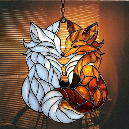 Cute Loving Couple Foxes Acrylic Suncatcher Stained Glass Effect Window Car Hanging Christmas Ornament Indoor Outdoor Decor Garden Sun Catcher Panel for Fox Lover for Women Mom Grandma