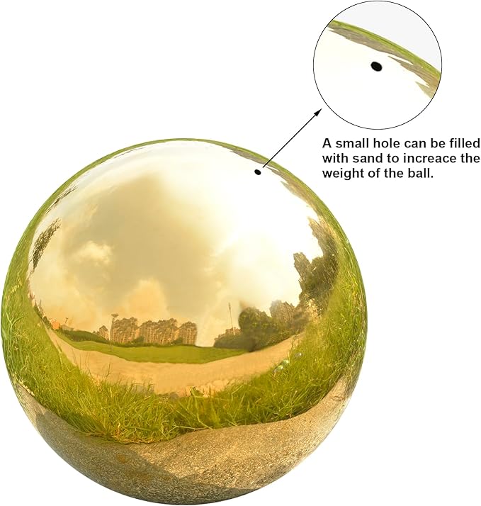 Nerien 12 Inch Gazing Ball, Stainless Steel Garden Mirror Globe, Polished Ornament Sphere, Hollow Floating Reflective Hemisphere, Home Outdoor Pond Housewarming Swimming Pool Decoration Gift, Gold