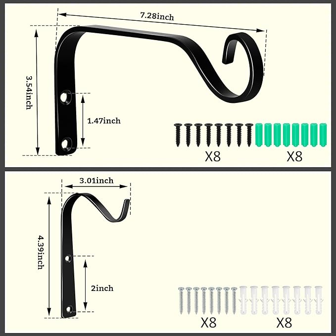 Aidoclip 4 Pack 7 Inch Plant Hanger Brackets for Outdoor Indoor Use, Wall Mounted Iron Hooks for Hanging Baskets, Bird Feeders, Lanterns, Wind Chimes, Rustic Black Garden Decor with Hardware
