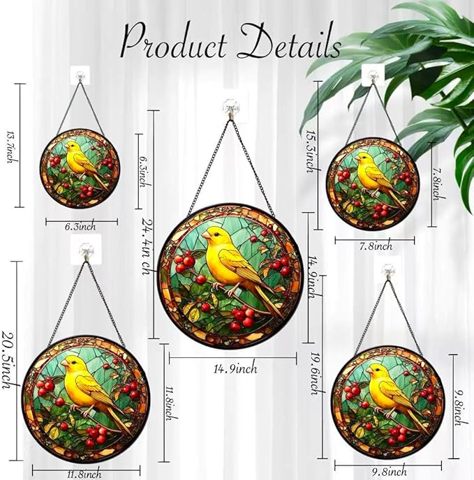 Funoasis Stained Glass Window Hanging 6.3 Inches Suncatcher - A Canary Inhabits Between Branches and Leaves with Red Fruits Ornaments Sun Catcher Home Decor Women Birthday