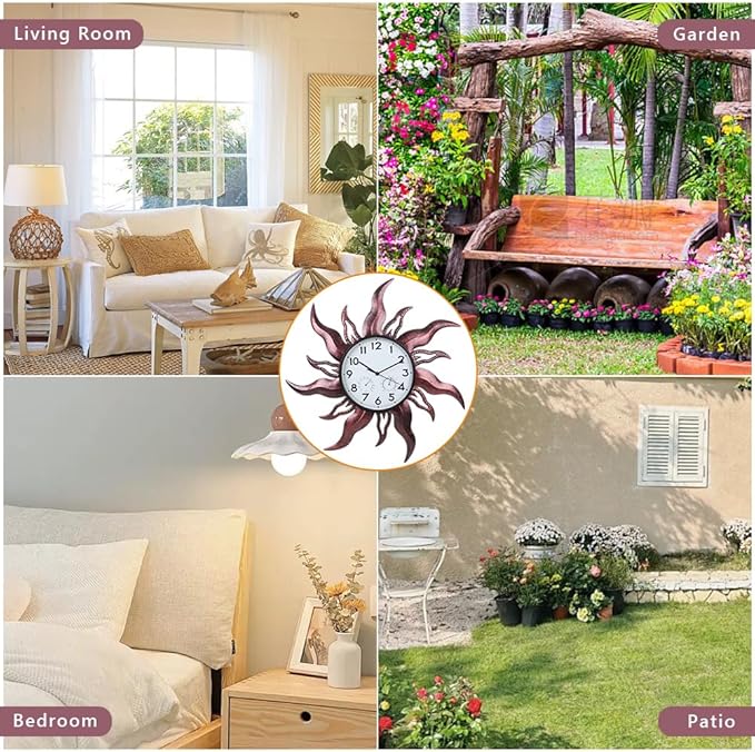 Large Outdoor Clock with Thermometer & Humidity - Silent Non-Ticking Sun Outdoor Wall Clock for Patio, Garden, Kitchen, Living Room(Brown)
