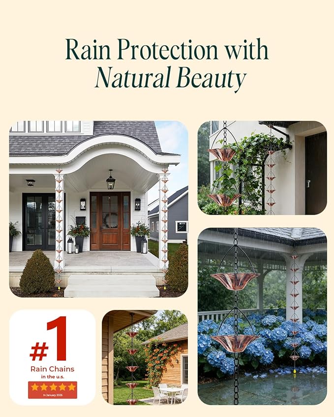 2Items 8.5FT Outdoor Rain Chain with 12 Lotus Cups & Bell, Decorative Rain Chains for Downspouts, Adjustable Gutter Drainage Replacement for Eaves, Easy Installation Water Catcher Chain