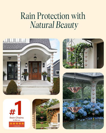2Items 8.5FT Outdoor Rain Chain with 12 Lotus Cups & Bell, Decorative Rain Chains for Downspouts, Adjustable Gutter Drainage Replacement for Eaves, Easy Installation Water Catcher Chain