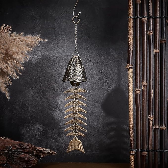 PH PandaHall Fish Skeleton Wind Chime 13" Fish Windchime Iron Fishbone Wind Chime Vintage Metal Windchime Door Hanging Bells for Outdoor Home Garden Yard Decoration Gift, Antique Bronze