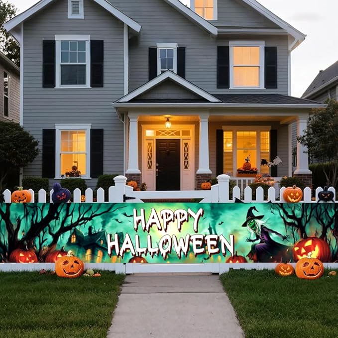 Happy Halloween Banner Large 120 x20 Inch Green Yard Sign Banner Flag Scary Halloween Party Hanging Decorations for Outdoor Fence Garage Garden Porch Holiday Backdrop Decor