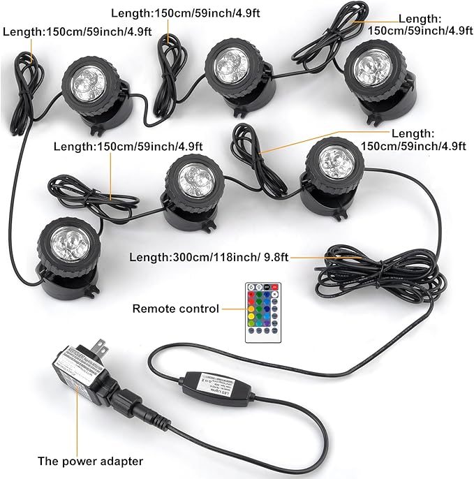 RGB Pond Lights with Timer, LED Underwater Submersible Colorful Landscape Spotlights, 98ft Remote Control IP68 Waterproof Fountain Lights for Fish Aquarium Tank Garden Yard Pool (Set of 6)