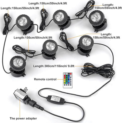 RGB Pond Lights with Timer, LED Underwater Submersible Colorful Landscape Spotlights, 98ft Remote Control IP68 Waterproof Fountain Lights for Fish Aquarium Tank Garden Yard Pool (Set of 6)