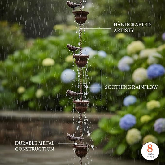 Metal Bird Rain Chain for Gutters, Rust Resistant Outdoor Rain Catcher, Perfect for Heavy Rain, Indoor/Outdoor Decoration, Dark Bronze Finish