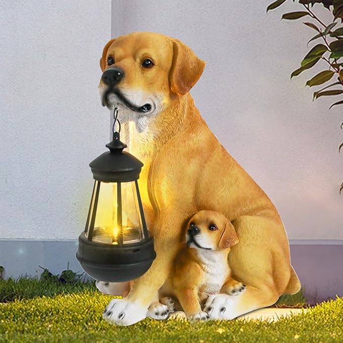 Afirst Solar Dog Statue Garden Decor- Outdoor Decor with Solar Lantern Lovely Labrador Mom with Baby Figurine Patio Lawn Yard Art Ornaments Housewarming Gift