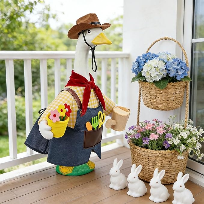 Porch Goose Outfit for 23" Cement & Plastic Goose Statue – Gardener Porch Goose Clothes with Cowboy Hat,Includes Scarf,Tools,Watering Can & Flower Pot, Outdoor Lawn Yard Decor & Front Porch