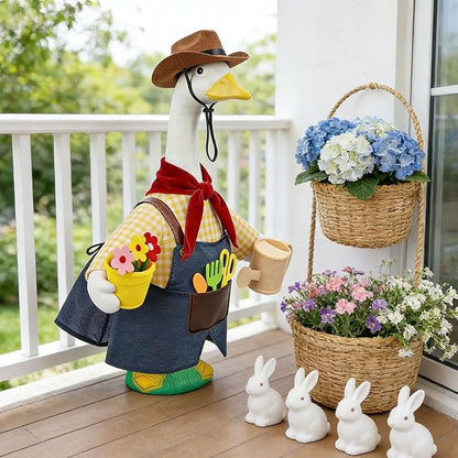 Porch Goose Outfit for 23" Cement & Plastic Goose Statue – Gardener Porch Goose Clothes with Cowboy Hat,Includes Scarf,Tools,Watering Can & Flower Pot, Outdoor Lawn Yard Decor & Front Porch
