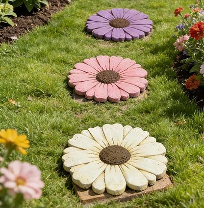 Landoraloria Cement Flower Stepping Stone 10” Daisy Garden Path Stone for Yard & Walkway Handcrafted Non-Slip Outdoor Patio Decor Weather-Resistant Cement Stone (White)