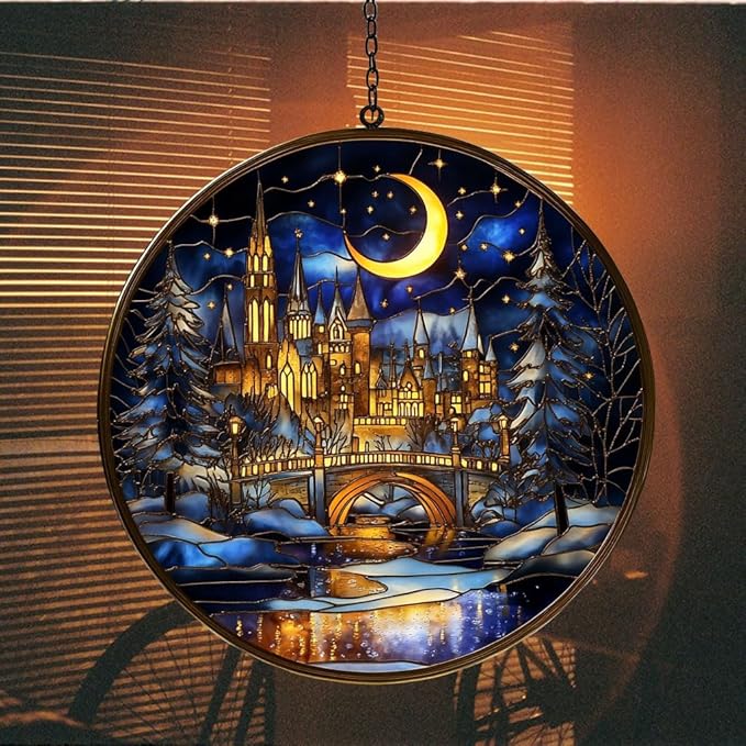 The City of Magic Acrylic Suncatcher Stained Glass Effect Window Car Hanging Christmas Ornament Indoor Outdoor Decor Garden Sun Catcher Panel for Acrylic Suncatcher Lover for Women Mom Grandma