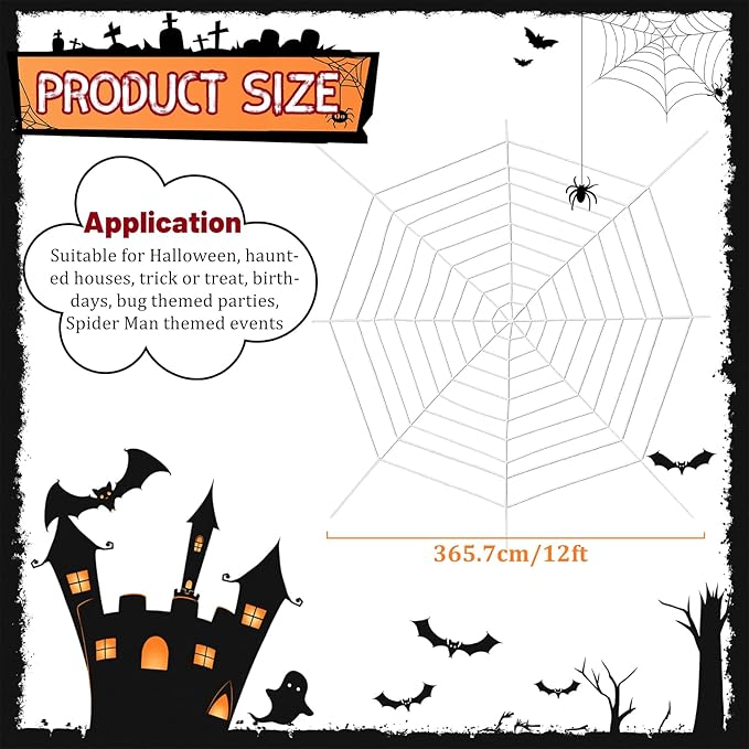 12 FT 9-Ring Spider Web Halloween Decorations, Giant Rope Fake Spider Web for Scary Haunted House, Outdoor Yard, Porch, Wall, and Spooky Trick-or-Treat Hanging Party Decor (White)