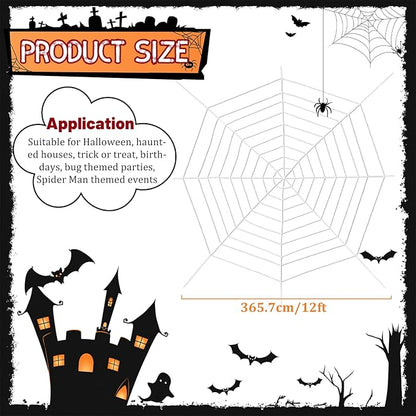 12 FT 9-Ring Spider Web Halloween Decorations, Giant Rope Fake Spider Web for Scary Haunted House, Outdoor Yard, Porch, Wall, and Spooky Trick-or-Treat Hanging Party Decor (White)