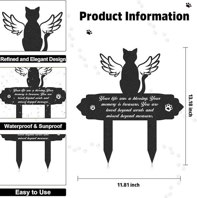 Rngmsi Cat Memorial Decorations - Garden Stakes Markers with Angel Wings, Waterproof Metal Plaques for Cemetery, Cat Grave Decor